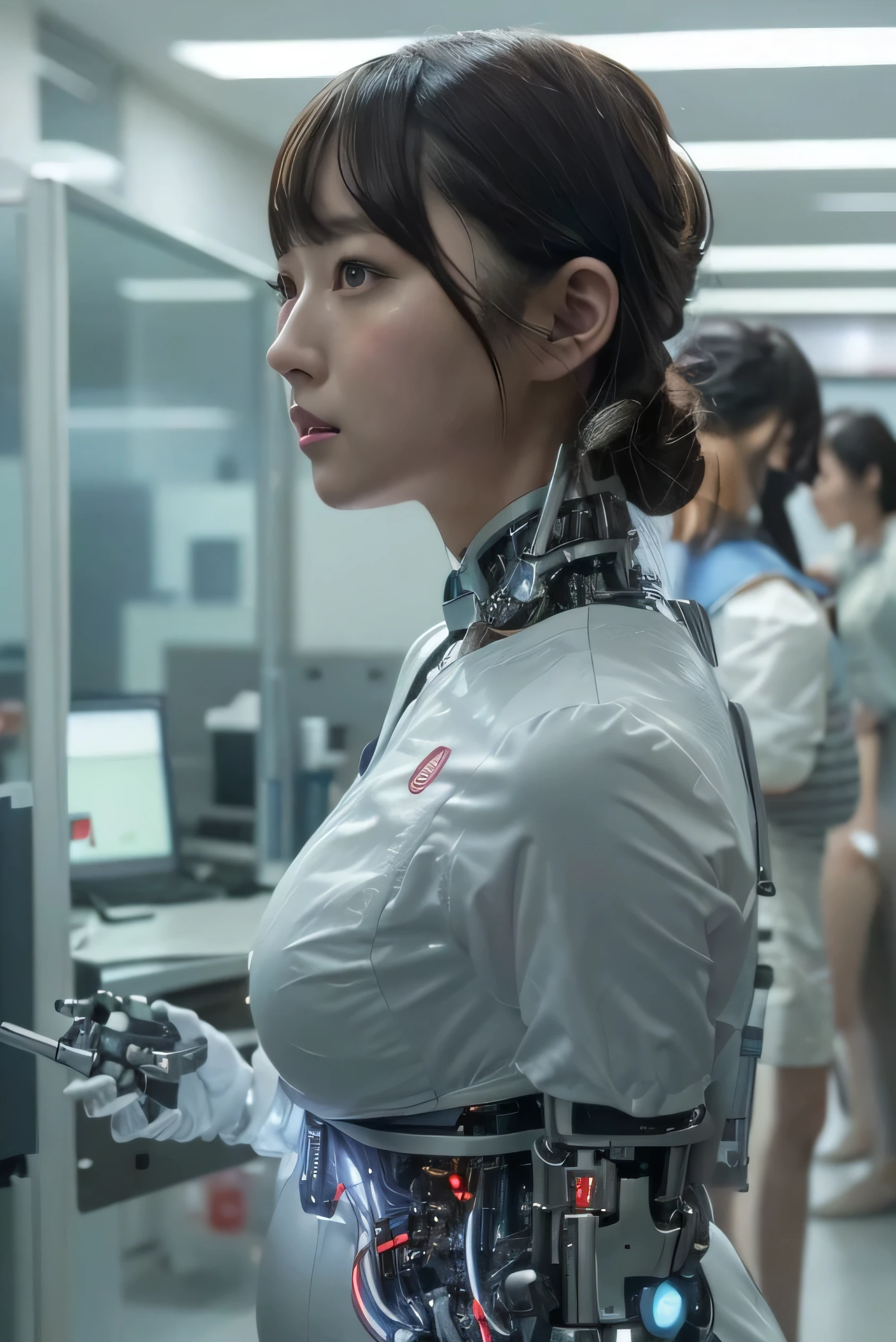 masterpiece, Best Quality, Extremely detailed, 8K portrait,Japaese android girl,Plump , control panels,Robot arms and legs, Blunt bangs,perfect robot girl,a bit chubby,white gloves,chest monitor,Charging spot,She is exhibits,exibition hall,promo girl,office-lady