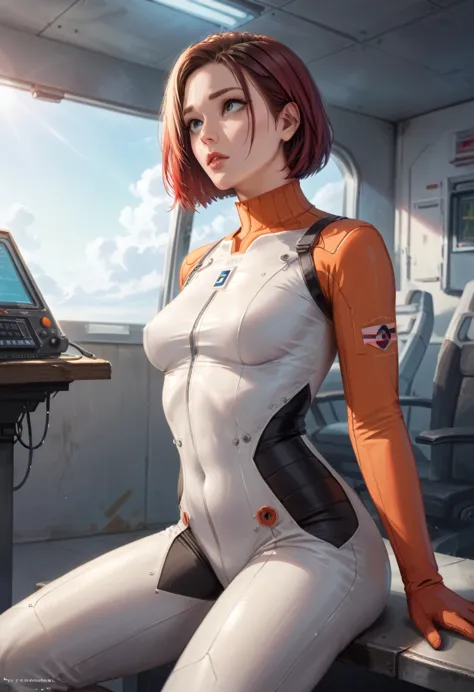 a young woman with short red hair wearing a pilot suit, a wealthy princess, sitting in a very narrow and enclosed mech control r...