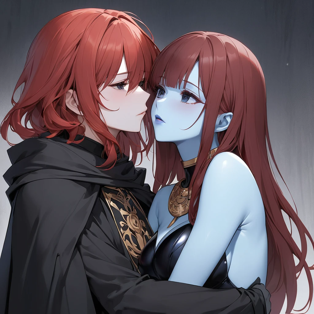 ((Highest quality)), ((masterpiece)), (detailed), （Perfect Face）The woman is Celica, expressionless, with blue skin, all black eyes, no light, red hair, a black revealing leotard-like outfit, a black cape, and blue lipstick.、The woman is embraced, kissed, and impregnated by an old, blue-skinned man who is a priest of the evil god.、The woman&#39;s soul is taken away by the evil god worshipping Douma cult, and she loses her sense of self and serves the evil god.