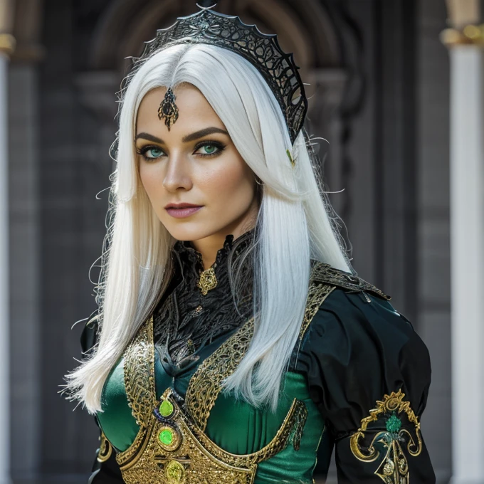 1 woman, European face, European eyes, pretty face, 30 years old, age 30, white long hair,  green eyes, , ultra detailed face, hyperrealistic, realistic representation, full body view,  dancing at a gothic festival