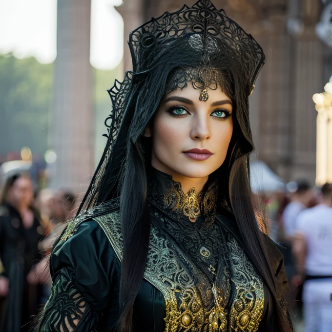 1 woman, European face, European eyes, pretty face, 30 years old, age 30, white long hair,  green eyes, , ultra detailed face, hyperrealistic, realistic representation, full body view,  dancing at a gothic festival