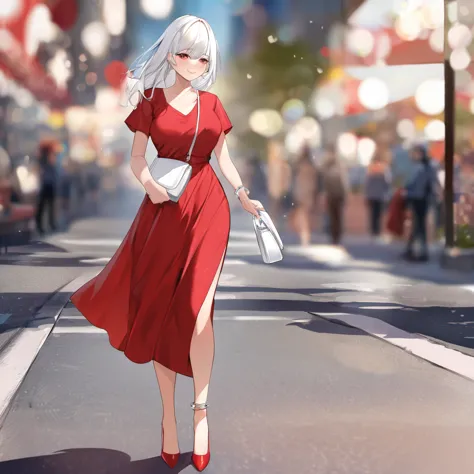 a woman wearing a long red dress, exposed leg, red heels, walking on the sidewalk of a modern city, girl with white hair, eyes r...