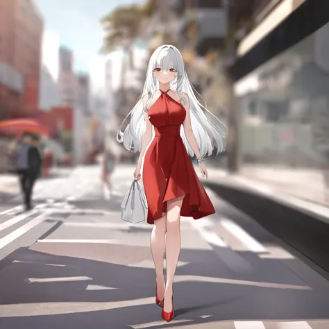 a woman wearing a long red dress, exposed leg, red heels, walking on the sidewalk of a modern city, girl with white hair, eyes r...