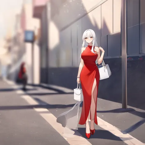 a woman wearing a long red dress, exposed leg, red heels, walking on the sidewalk of a modern city, girl with white hair, eyes r...