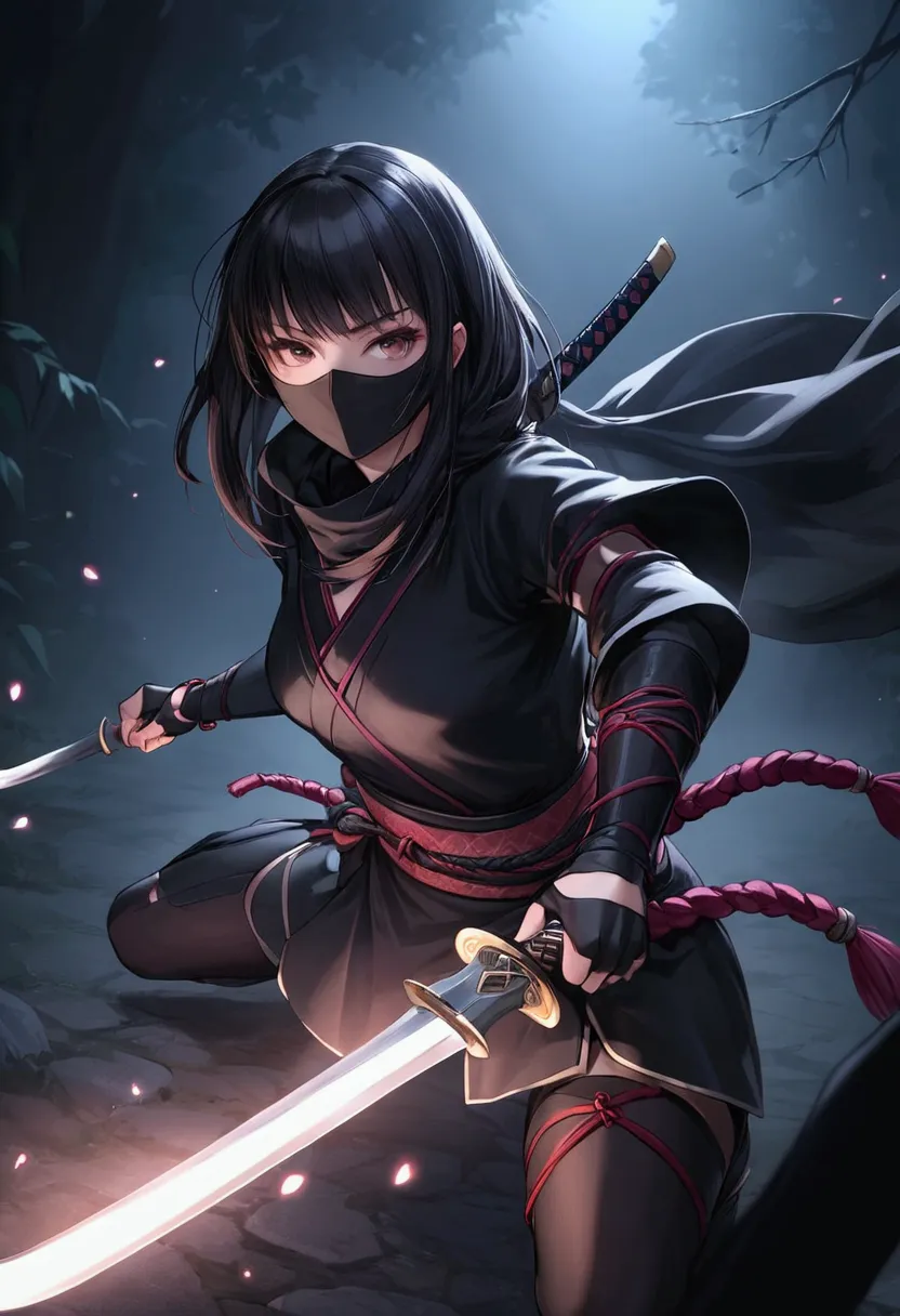 kunoichi, assassin, attack hidden in the darkness with kogatana, black ninja mask