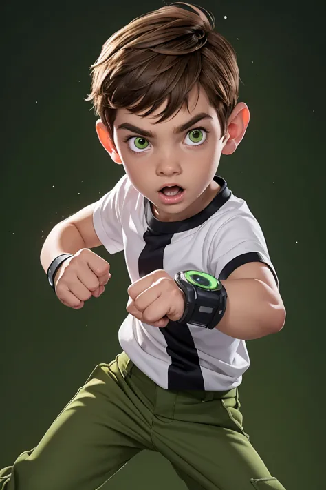 movie poster, ben 10 (((a child, 4yo ))),( brown eyes), (((wearing a white outfit with black stripe in the center, green pants))...