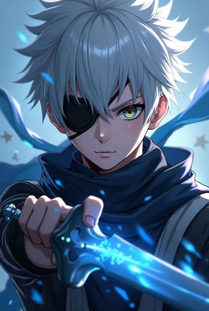       ( Correctperfect anatomy )A boy wearing a black shirt carries Single eye black eyepatch ( Single eye black eyepatch)Highly dynamic rotating light with sharp eyes 、scarf, white hair, 

                      Close-up of man with high dynamic range，有著尖刺的white hair，Shining dagger pointed forward ( perfect anatomy ) Aim ahead，Shines brightly 

               ( perfect anatomy ) handsome black jacket，A swirl of blue and silver glitter surrounds the man, Swirl Dynamic Masterpiece Perfect Composition Intricately Detailed Digital Art
