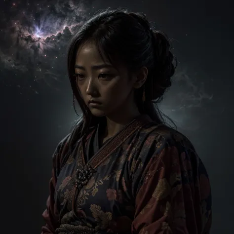 photograph of a single silhouetted female samurai looking down as if lost in thought or meditation. 1 girl, floral surroundings,...