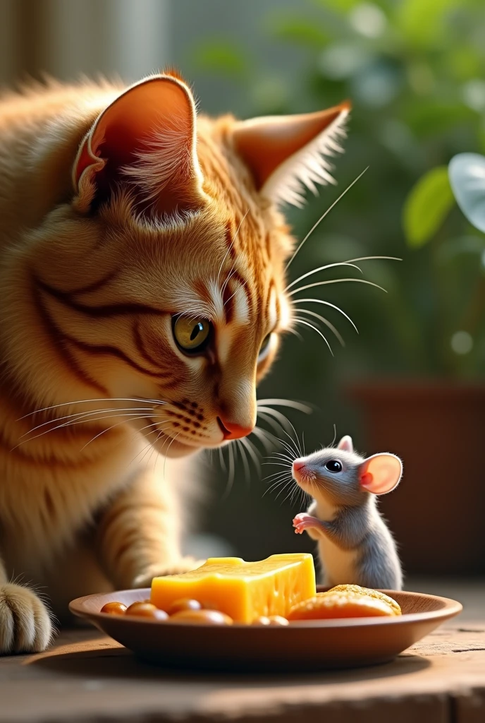 ((Realistic photos))、((With realistic depictions))、A big cat and a little mouse are having a meal together、A good friend、((Gazing at each other))、The mouse is eating cheese、The cat is eating cat food shaped like a fish、