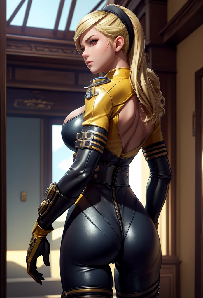 perfect eyes:1.2, detailed eyes:1.4, lienneville, from behind, ass, looking back, mansion, blonde hair, hairband, red eyes, bodysuit, large breasts, cleavage, gloves, cowboy shot, 1girl, solo, (masterpiece:1.6, best quality), 8k, insane details, intricate details, hyperdetailed, hyper quality, high detail, ultra detailed, professional, HDR, ray tracing reflection, cinematic lighting,
