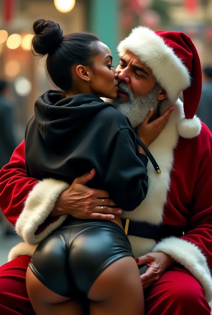 black woman hair in a bun black hoodie black leather short shorts excited and eyes wide open on her face setting in santa claus lap at the mall 8k santa holding her up against him french kissing her and holding her butt cheeks