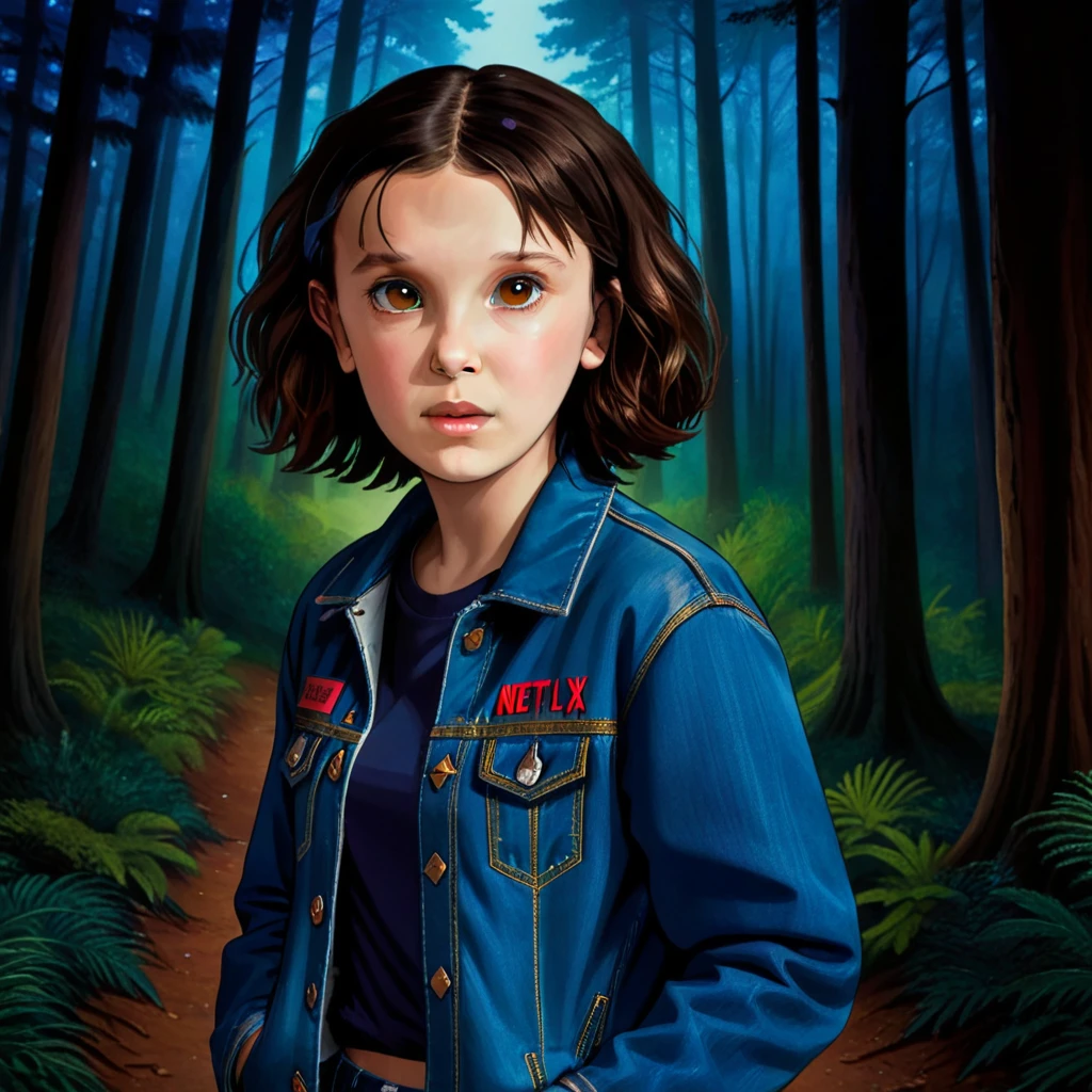 milli3 woman, millie bobby brown, 1 girl wearing blue denim jacket, netflix, stranger things, eleven, in a dark  woody forest, front view