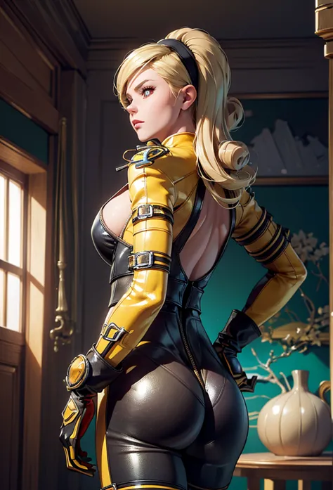 perfect eyes:1.2, detailed eyes:1.4, lienneville, from behind, ass, looking back, mansion, blonde hair, hairband, red eyes, yell...