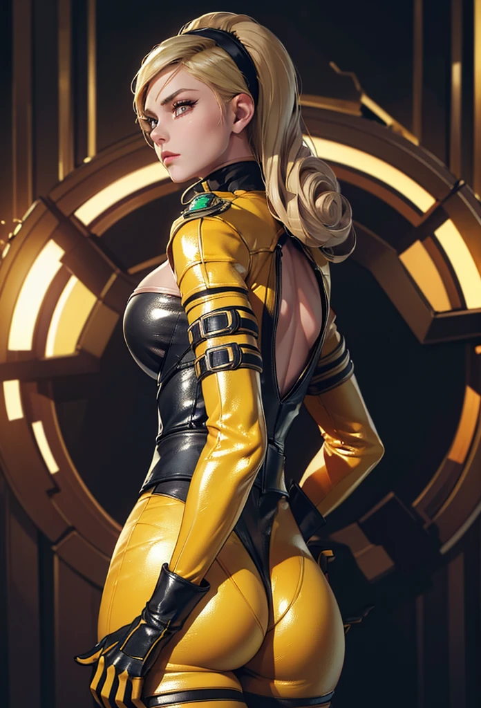 perfect eyes:1.2, detailed eyes:1.4, lienneville, from behind, ass, looking back, mansion, blonde hair, hairband, red eyes, yellow bodysuit, bodysuit, large breasts, cleavage, gloves, cowboy shot, 1girl, solo, (masterpiece:1.6, best quality), 8k, insane details, intricate details, hyperdetailed, hyper quality, high detail, ultra detailed, professional, HDR, ray tracing reflection, cinematic lighting,
