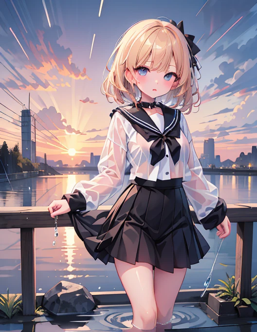 (8k, Highest quality, masterpiece: 1.2), Ultra-high resolution, 1 person, cute, Small breasts, Highly detailed face, White blouse, black and white sailor suit, 大rain, rain, soaked, Black underwear, ribbon, Long skirt, (Goth Skirt), Water droplets all over the body, 