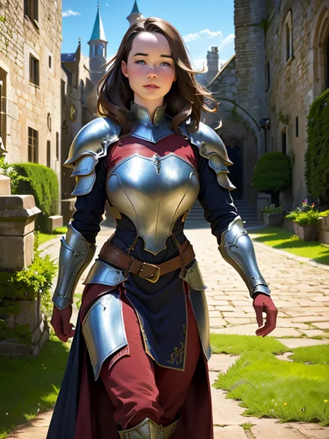 a beautiful woman, anna popplewell, walking around a medieval castle, wearing light leather armor, detailed face and body, reali...