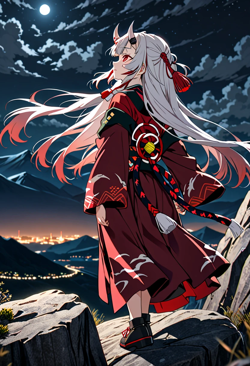 8K Ultra High-Quality, ultra-detailed, High quality, Nakiri ayame, white oni horns, arms on the back, standing on a rock, mountain in the background, night time, windy, looking at the horizon, looking away from viewer