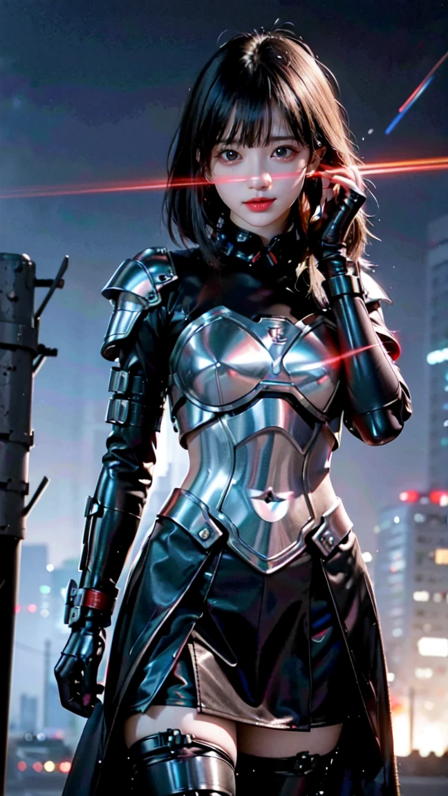 1 Japanese girl, battle armor, Intricate pattern, heavy metal, Energy lines, Faceless, Glowing eyes, elegant, Intense, blood red and black uniform, Solo, modern, City, Streets, Dark clouds, thunderstorm, heavy rain,, Dramatic lighting,, (Masterpiece:1.2), Best quality, high resolution,   Beautiful detailed, Extremely detailed, Perfect lighting,