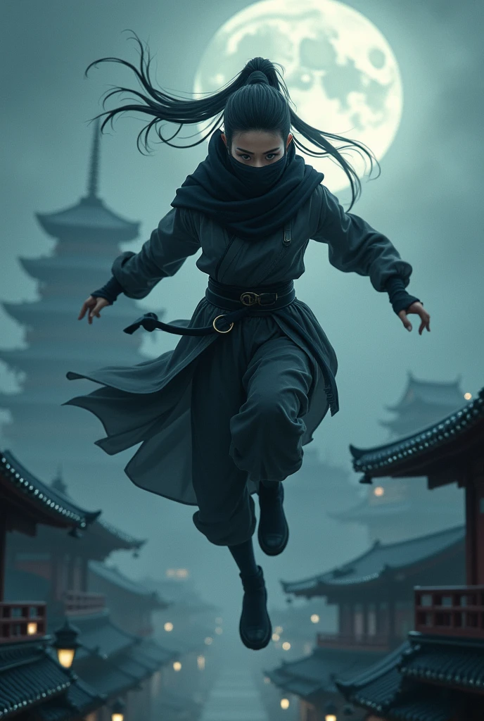 (big jump to the rooftop:1.3), Japanese traditional Kunoichi, cover the mouth with a black scarf, (ninja clothing), ponytail, dynamic pose, Japanese traditional townscape, Japanese castle, thick fog, moonlight, 