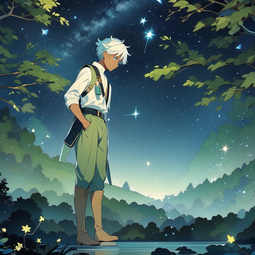 1 black man, short white hair, sky blue eyes. Gardener. Accessories. Leaves on the head, White sweater, sleeves at the elbows, cargo pants, belt with waist bag, putting on boots. Starry wings. Green branches with elongated leaves. Dark blue with green sparkles reminiscent of a starry night sky. detailed clothing. Starry forest. mystical atmosphere. peaceful and serene.