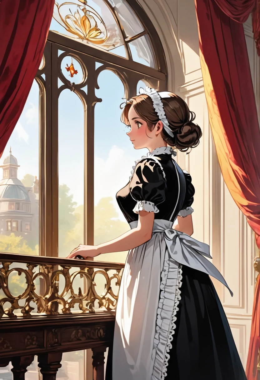 ((Top Quality)), ((Excellent)), (Details), masterpiece, best quality, UHD, A young maid is depicted in the middle of cleaning a large, ornate window in an opulent, old-fashioned mansion. She is dressed in a traditional black and white maid outfit with a white apron, lace headband, and slightly puffed sleeves. The window is tall and arched, with intricate, gold-trimmed frames that reflect the wealth and grandeur of the noble family. Sunlight streams through the glass, illuminating dust particles in the air, while the maid carefully wipes the window with a cloth, her expression focused and diligent. Behind her, the grand interior of the mansion is visible, featuring luxurious red velvet curtains, dark wooden furniture, and a glimpse of a grand chandelier hanging from the high ceiling. The overall scene exudes a sense of elegance and historical richness, with a touch of warmth as the maid diligently performs her duties.