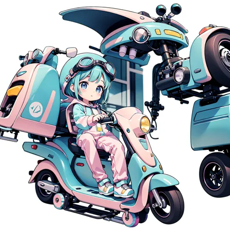 perfect anatomy、highest quality、masterpiece、big goggles on your head、a cute, futuristic scooter in pastel colors、a cutely design...