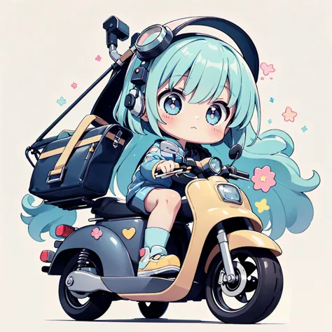 perfect anatomy、highest quality、masterpiece、big goggles on your head、a cute, futuristic scooter in pastel colors、a cutely design...