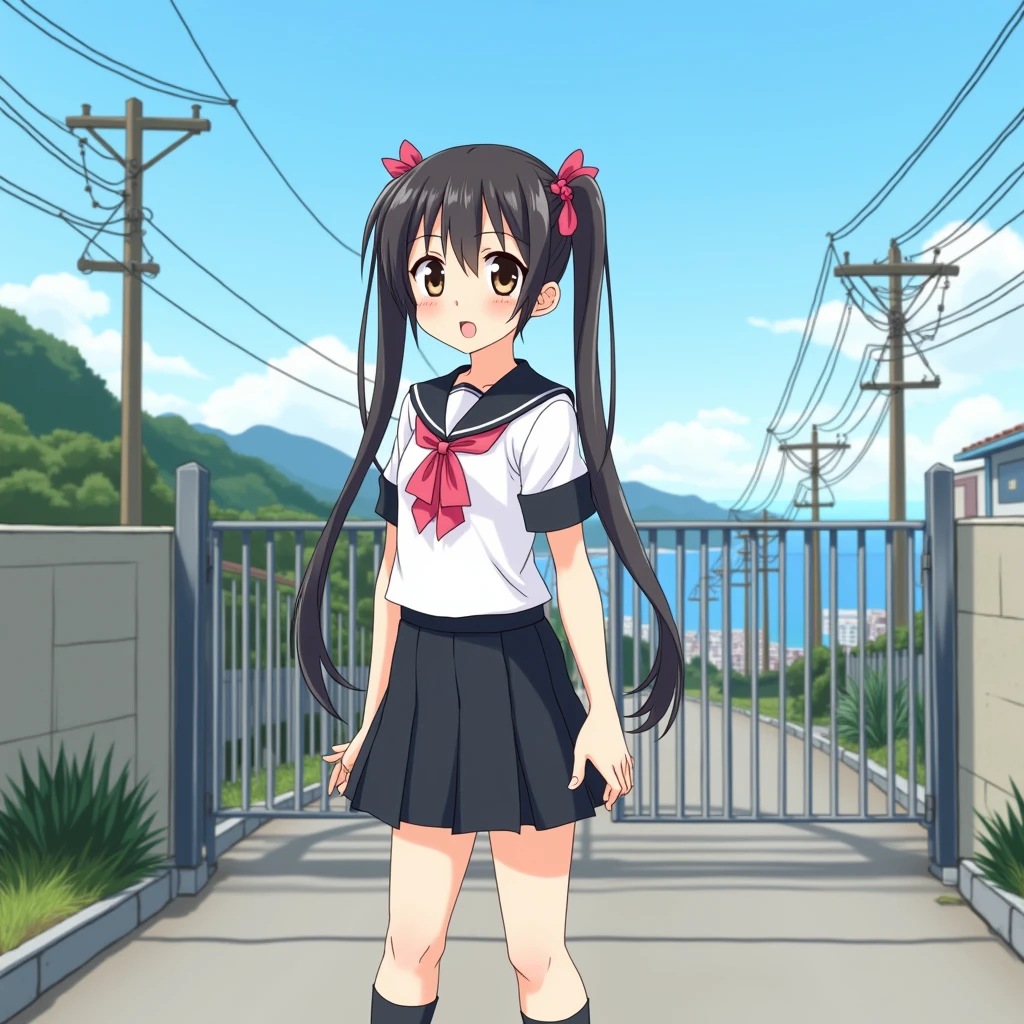 smartphone game,
1girl.
She is wearing a short sleeves white serafuku with black sailor collar with pink ribbon.
She is wearing a black skirt.
She has a very long low twintails with red ribbons. very long low pigtails, black hair.
Bag, late teens, small breasts, dark brown eyes.
Outside, school, school gate, electric pole, electric wire, hills, srope road, city scape, port city with mountains nearby, coastline, blue sky, daytime, horizon.
From front. Japanese.