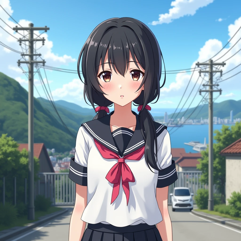 smartphone game,
1girl.
She is wearing a short sleeves white serafuku with black sailor collar with pink ribbon.
She is wearing a black skirt.
She has a very long low twintails with red ribbons. very long low pigtails, black hair.
Bag, late teens, small breasts, dark brown eyes.
Outside, school, school gate, electric pole, electric wire, hills, srope road, city scape, port city with mountains nearby, coastline, blue sky, daytime, horizon.
From front. Japanese.