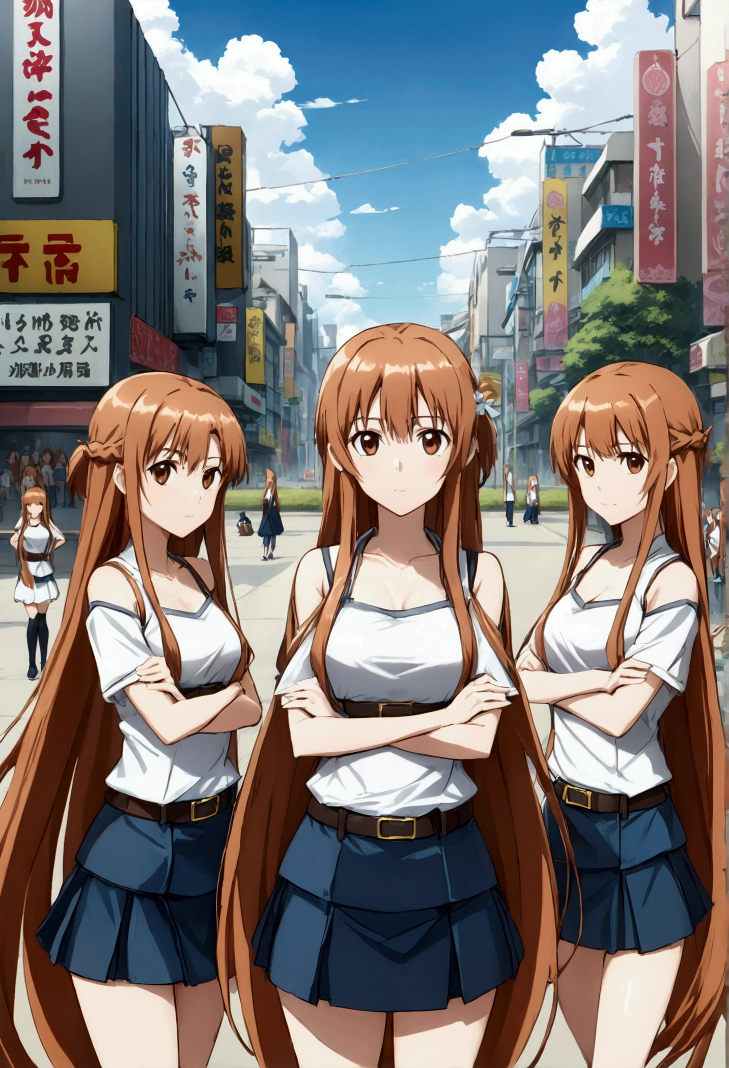 (((asuna, anime art style, long_hair, skirt, brown_hair, brown_eyes, very_long_hair, belt, crossed_arms)))(((An infinite number of girls with the same face and the same figure))) (((cloned face)))
(((similar identical twins)))
(((All the girls have the exact same face and nakid))), The girls have the same face and figure, as if they were mirror images.