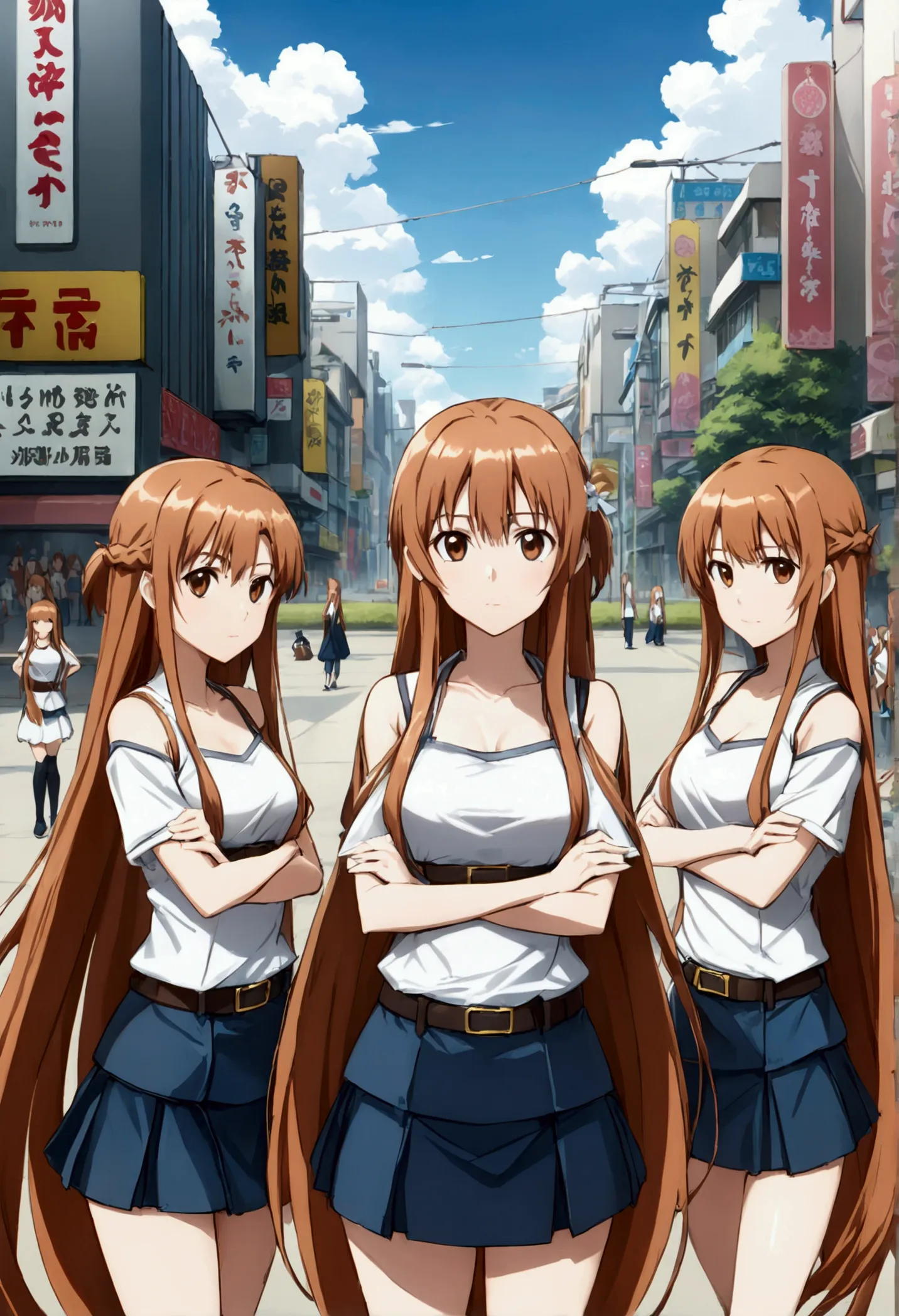 (((asuna, anime art style, long_hair, skirt, brown_hair, brown_eyes, very_long_hair, belt, crossed_arms)))(((an infinite number ...