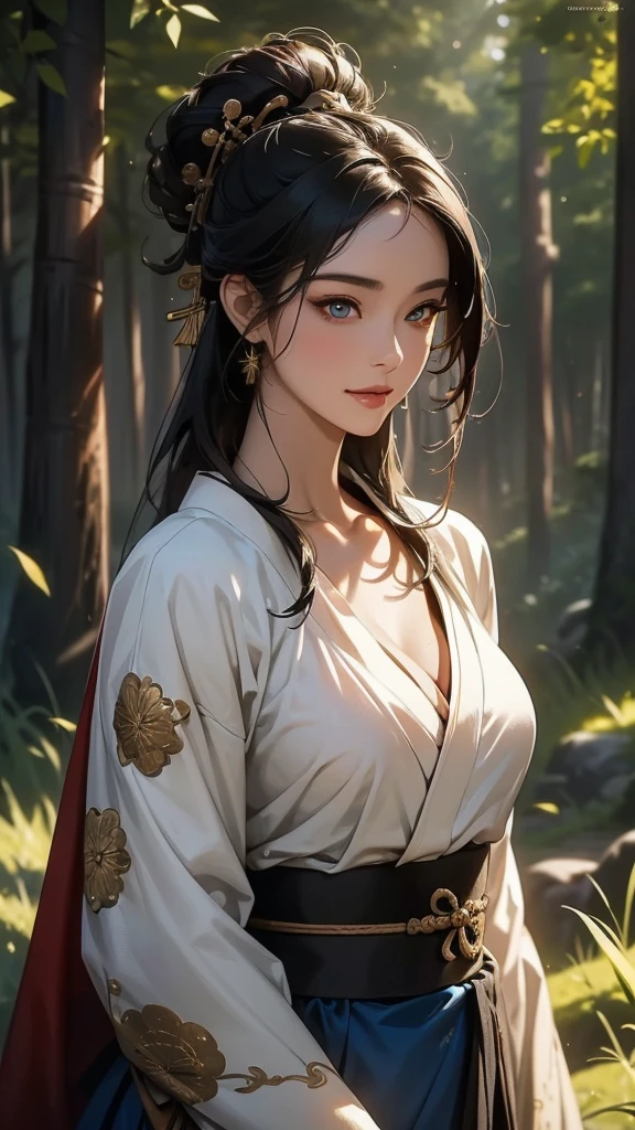 (masterpiece:1.2, best quality:1.2, ultra detailed:1.2, high resolution), (cinematic lighting), (illustration), (beautifully detailed eyes), (1girl), extremely detailed, A full-body picture of a beautiful female Samurai, sleek beautiful black hair, high_updo, wearing gold and blue, warrior, playful smile,  eyes, beautiful shape breasts, cleavage, slim waist , outdoors, woodland background, highly detailed face and clothing, slightly narrow eyes, perfect face, fair skin, cowboy shot, noble beautiful, traditional Japanese clothing, shinobi woman, I can see her entire body