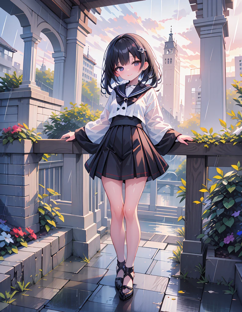 (8k, Highest quality, masterpiece: 1.2), Ultra-high resolution, 1 person, cute, Small breasts, Highly detailed face, White blouse, black and white sailor suit, 大rain, rain, soaked, Black underwear, ribbon, Long skirt, (Goth Skirt), Water droplets all over the body, A childlike smile, The best smile, 