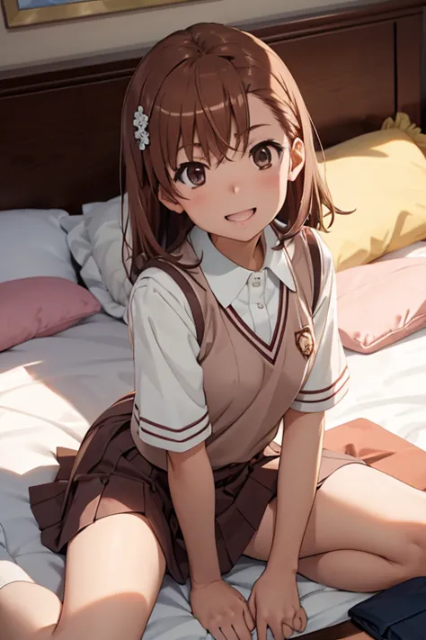 misaka mikto, at the bed, brown hair, lying down, school uniform, skirt, spread your legs, smile, open-mouth hair accessory