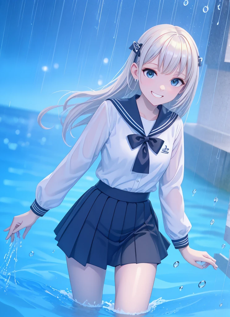 (8k, Highest quality, masterpiece: 1.2), Ultra-high resolution, 1 person, cute, Small breasts, Highly detailed face, White blouse, black and white sailor suit, 大量のrain, rain, soaked, Black underwear, ribbon, Long skirt, (Goth Skirt), Water droplets all over the body, A childlike smile, The best smile, Lots of water, Submersion, splash, 