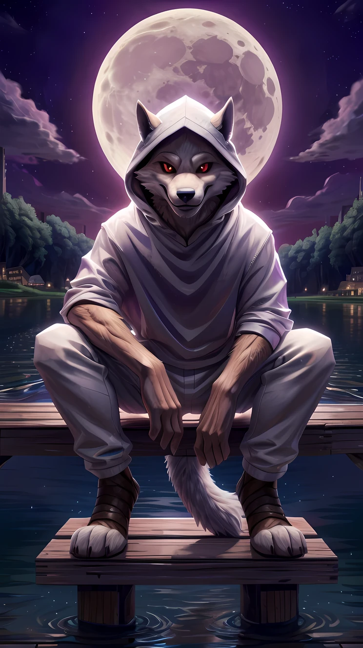 high resolution, 4k, high detail, one male, furry, solo, death, white fur, red eyes, tail, ((white hood, white shirt, white pants)), purple sky, clouds, stars, moon, lake, city, wooden pier, smile, looking at viewer, sitting.