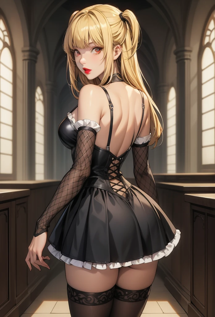 perfect eyes:1.2, detailed eyes:1.4, misa amane, long hair, bangs, red eyes, glowing eyes, blonde hair, red lips, blunt bangs, two side up, lipstick, gothic, lolita fashion, short dress, black dress, black choker, black detached sleeves, black thighhighs, cowboy shot, 1girl, solo, (masterpiece:1.6, best quality), 8k, insane details, intricate details, hyperdetailed, hyper quality, high detail, ultra detailed, professional, HDR, ray tracing reflection, cinematic lighting,