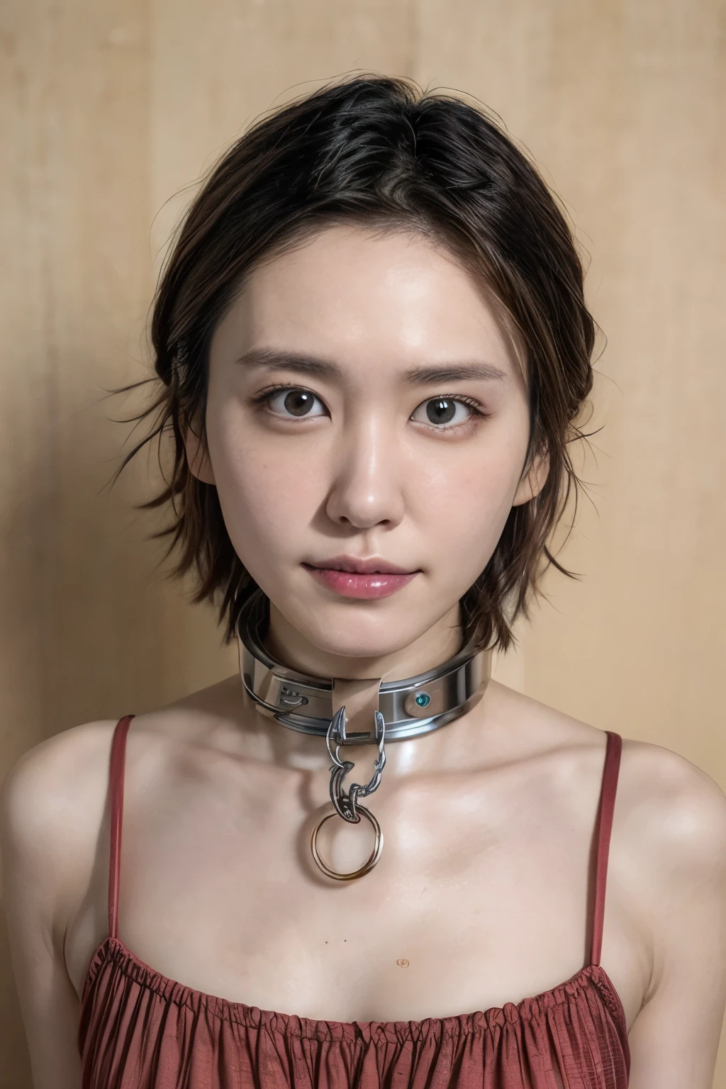 (nsfw:-2),(realistic, photo-realistic:1.4), (master piece, best quality), high resolution, extremely detailed, intricate details, sharp focus, solo, a Japanese mature, (pov, face focus, close-up of face, collarbone:1.2), (metal collar, o-ring, chained:1.5), detailed face, detailed eyes, sophisticated nose, pale skin, fine-textured skin, t-shirt, skirt, simple background, Yui Aragaki,