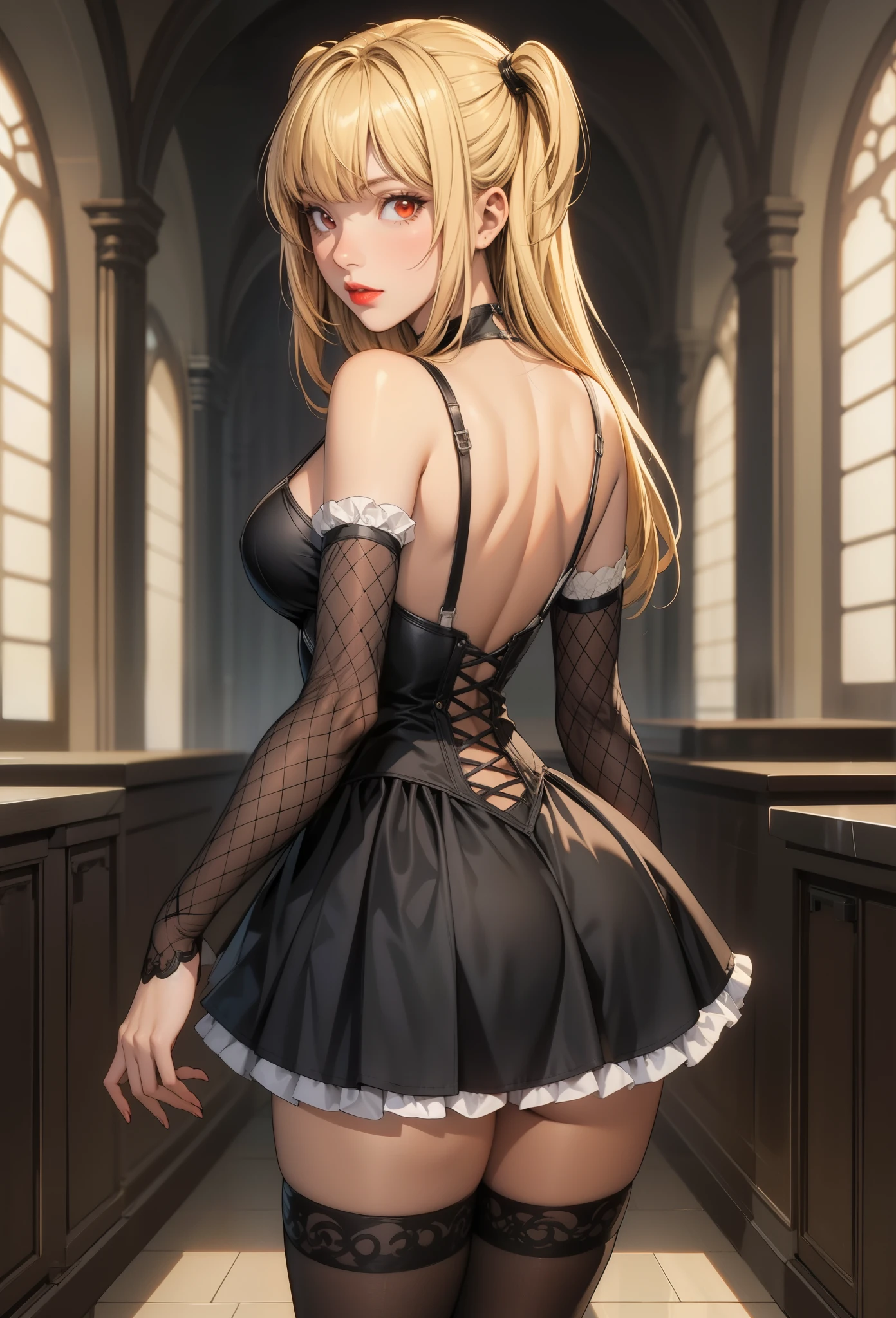 perfect eyes:1.2, detailed eyes:1.4, misa amane, long hair, bangs, red eyes, glowing eyes, blonde hair, red lips, blunt bangs, two side up, lipstick, gothic, lolita fashion, short dress, black dress, black choker, black detached sleeves, black thighhighs, cowboy shot, 1girl, solo, (masterpiece:1.6, best quality), 8k, insane details, intricate details, hyperdetailed, hyper quality, high detail, ultra detailed, professional, HDR, ray tracing reflection, cinematic lighting,