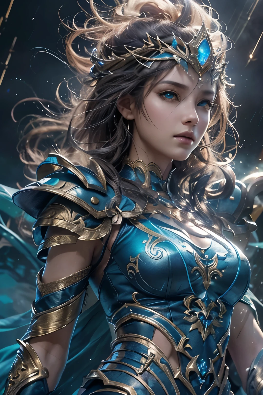 "official art, unity 8k wallpaper, masterpiece, best quality, fancy, ultra detail, full body shot, (dynamic angle), (in great detail), ultra high definition, 8k words, (light layer:1.05), light particles, Magical effects swirling around her, Detailed skin texture, (illustration:1.05), (detailed light:1.05), (very detailed:1.1), alone, a woman, hovering in the air with a mysterious aura. eye: A deep electric blue that seems to have a storm inside., 짙은 속eye썹과 부드럽게 빛나는 eye꺼풀에 둘러싸여. Costume: The delicate balance of intricately designed steel armor, Combined with soft silk fabrics that flow with her every movement. Crown: made of steel, Shiny with metallic sheen, Decorated with complex patterns. hair: long, It flows like electricity. Holding an elaborately designed hammer, Appear before lightning strikes, realistic light setting, (realistic)."