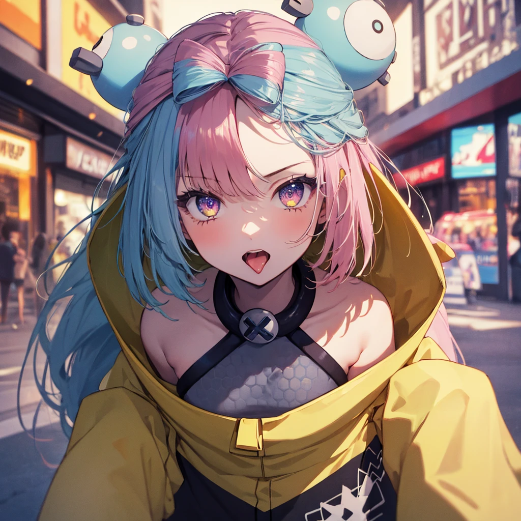 masterpiece, Highest quality, Perfect Face, Highest Resolution, Highest quality,Detailed depiction of the eyes, 8k, One Girl, Long Hair, Yellow Jacket, Long sleeve, hair ornaments, Future City, neon, Stunned, Open your mouth wide