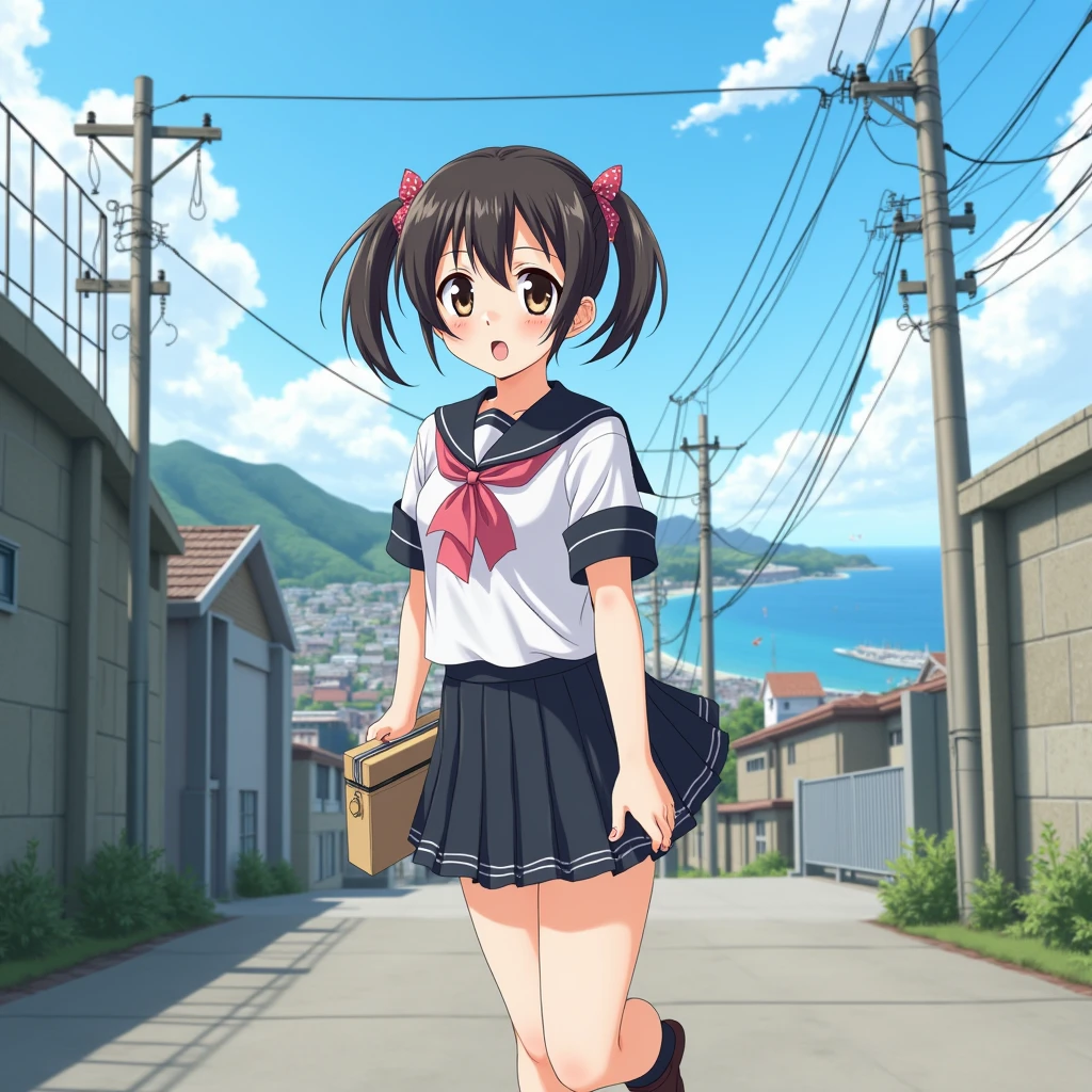 smartphone game,
1girl.
She is wearing a short sleeves white serafuku with black sailor collar with pink ribbon.
She is wearing a black skirt.
She has a very long low twintails with red ribbons. very long low pigtails, black hair.
Bag, late teens, small breasts, dark brown eyes.
Outside, school, school gate, electric pole, electric wire, hills, srope road, city scape, port city with mountains nearby, coastline, blue sky, daytime, horizon.
From front. Japanese.