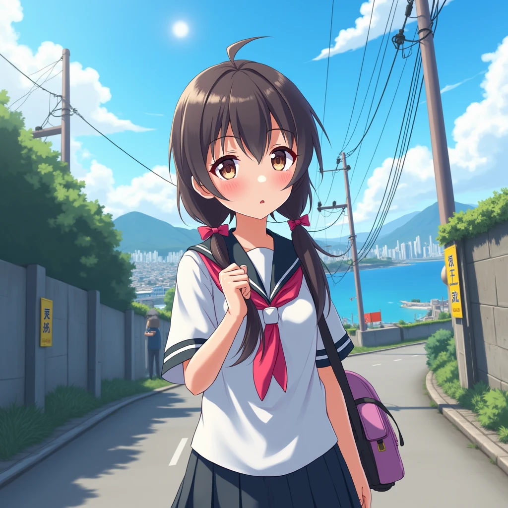 smartphone game,
1girl.
She is wearing a short sleeves white serafuku with black sailor collar with pink ribbon.
She is wearing a black skirt.
She has a very long low twintails with red ribbons. very long low pigtails, black hair.
Bag, late teens, small breasts, dark brown eyes.
Outside, school, school gate, electric pole, electric wire, hills, srope road, city scape, port city with mountains nearby, coastline, blue sky, daytime, horizon.
From front. Japanese.