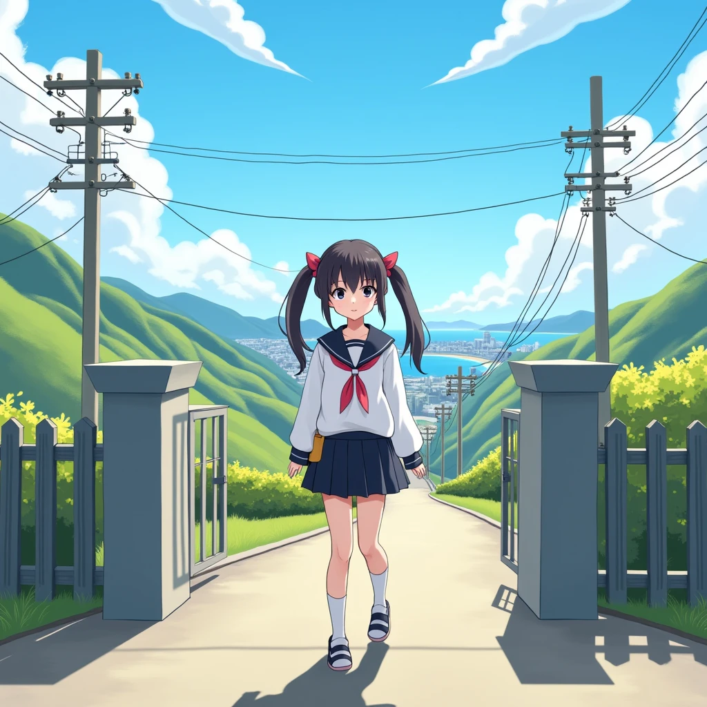 smartphone game,
1girl.
She is wearing a short sleeves white serafuku with black sailor collar with pink ribbon.
She is wearing a black skirt.
She has a very long low twintails with red ribbons. very long low pigtails, black hair.
Bag, late teens, small breasts, dark brown eyes.
Outside, school, school gate, electric pole, electric wire, hills, srope road, city scape, port city with mountains nearby, coastline, blue sky, daytime, horizon.
From front. Japanese.