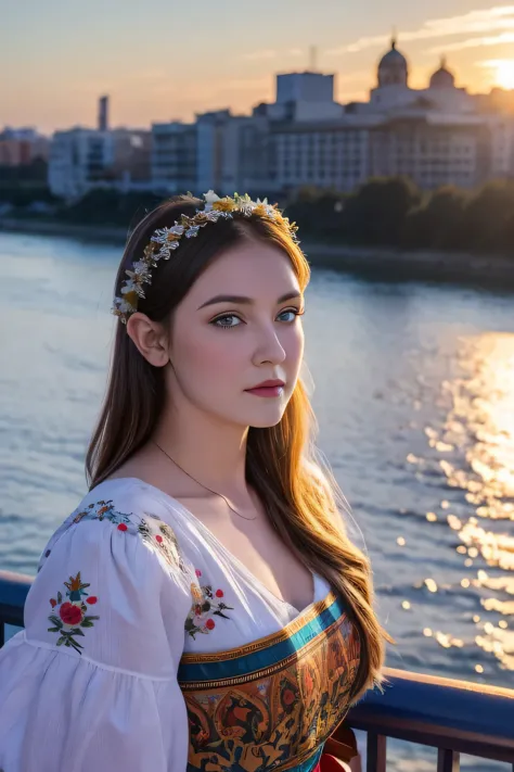 20 year old woman in ukrainian costume corolla wreath wearing wreath on head blue eyes river and blue sky in background afternoo...