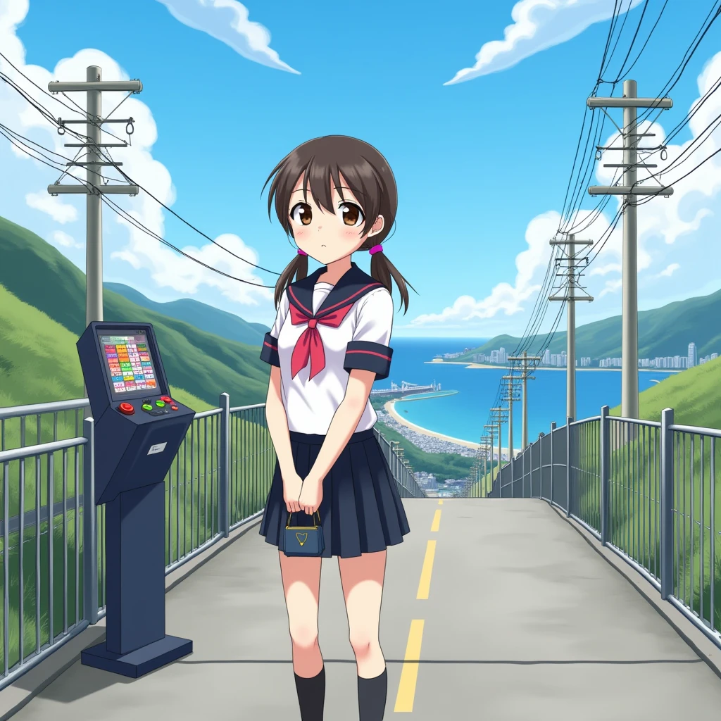 smartphone game,
1girl.
She is wearing a short sleeves white serafuku with black sailor collar with pink ribbon.
She is wearing a black skirt.
She has a very long low twintails with red ribbons. very long low pigtails, black hair.
Bag, late teens, small breasts, dark brown eyes.
Outside, school, school gate, electric pole, electric wire, hills, srope road, city scape, port city with mountains nearby, coastline, blue sky, daytime, horizon.
From front. Japanese.