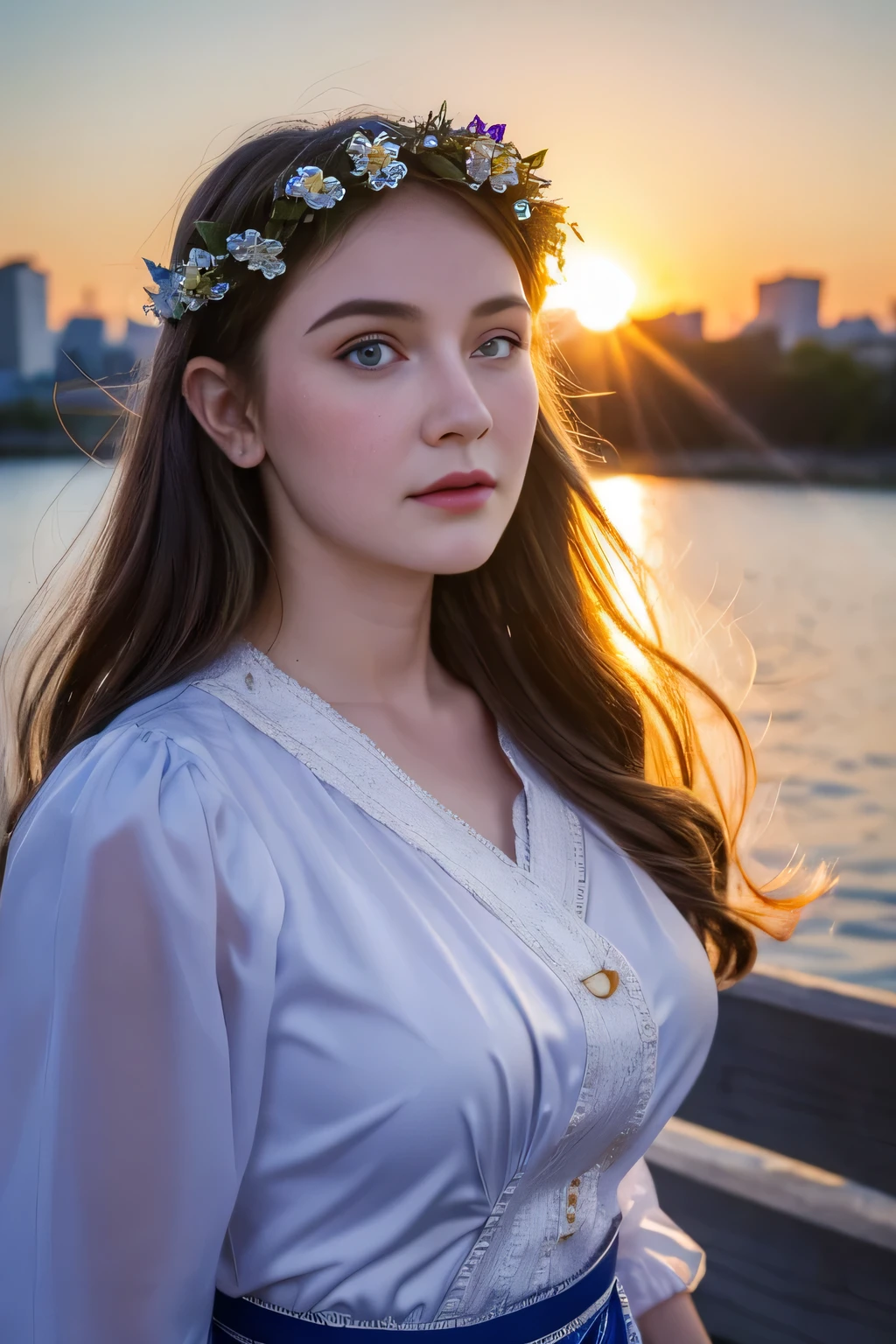 20 year old woman in Ukrainian costume Corolla wreath wearing wreath on head Blue eyes River, whole body and blue sky in background Afternoon light sunset realistic illustration