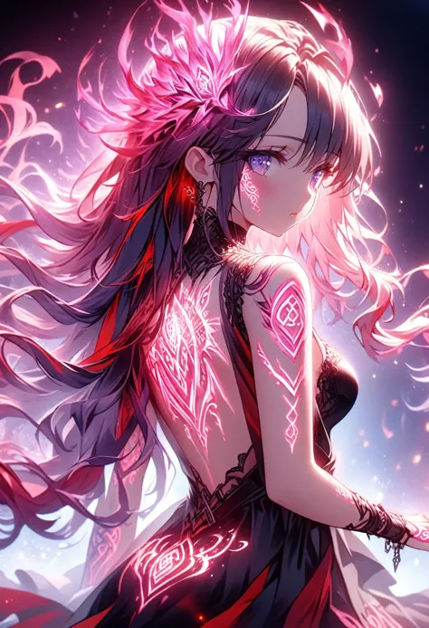 Anime screenshots、Artistic anime illustration of a woman with glowing neon geometric dragon tattoos all over her body and face。Arm and leg tattoos、A mixture of red, purple and fire。、Emit neon lights。She has been a long time, Flowing Hair。、、This scene has a dreamy soft-focus effect.。、It highlights the dreamy glow of the tattoo..。、Back of hand、sit、