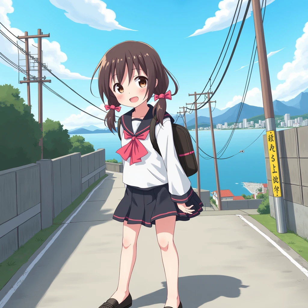 smartphone game,
1girl.
She is wearing a short sleeves white serafuku with black sailor collar with pink ribbon.
She is wearing a black skirt.
She has a very long low twintails with red ribbons. very long low pigtails, black hair.
Bag, late teens, small breasts, dark brown eyes.
Outside, school, school gate, electric pole, electric wire, hills, srope road, city scape, port city with mountains nearby, coastline, blue sky, daytime, horizon.
From front. Japanese.