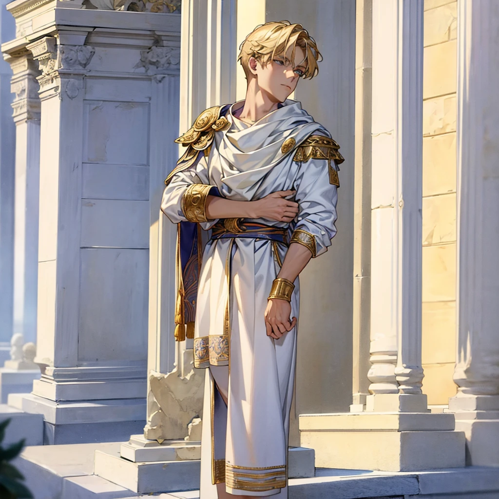 Handsome young blond, around 20 years, Spartan soldier, liturgical uniform, Ancient Greek Temple, He was standing,  (Leaning against a pillar:1.2), think deeply, Crossed arms, weight on one leg, the other slightly bent, Late at night inside the temple. (Dark: 1.4) (off: 1.3), The moonlight shines at an angle and illuminates it clearly.. Very detailed, photorealistic, Realistic lighting, intricate architecture, ornate decoration, fresh color palette, golden accents, soft fabric textures, seductive face 